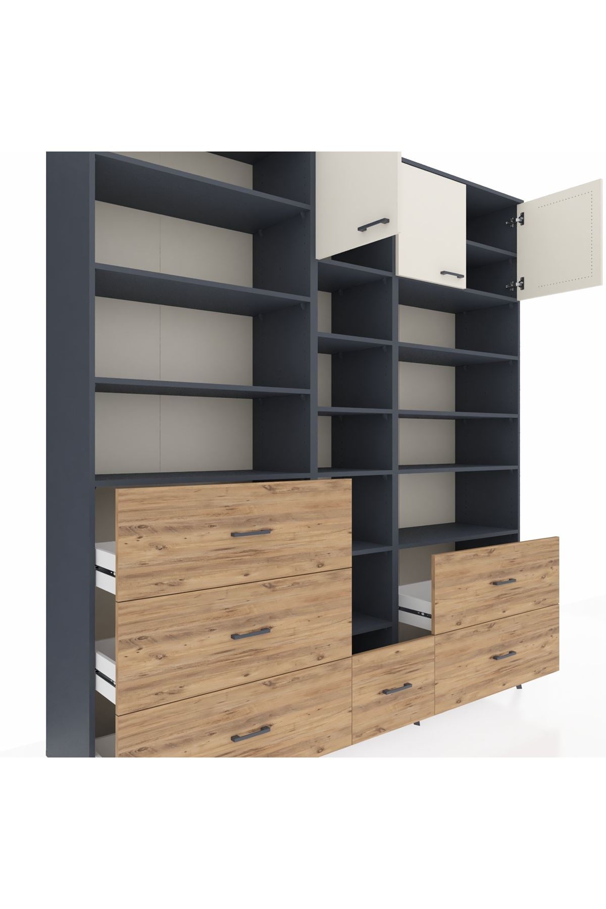 Hyperion Dolap 17 Raflı 6 Çekmeceli 3 Kapaklı 220x44x243 Antrasit-Aytaşı/Çam