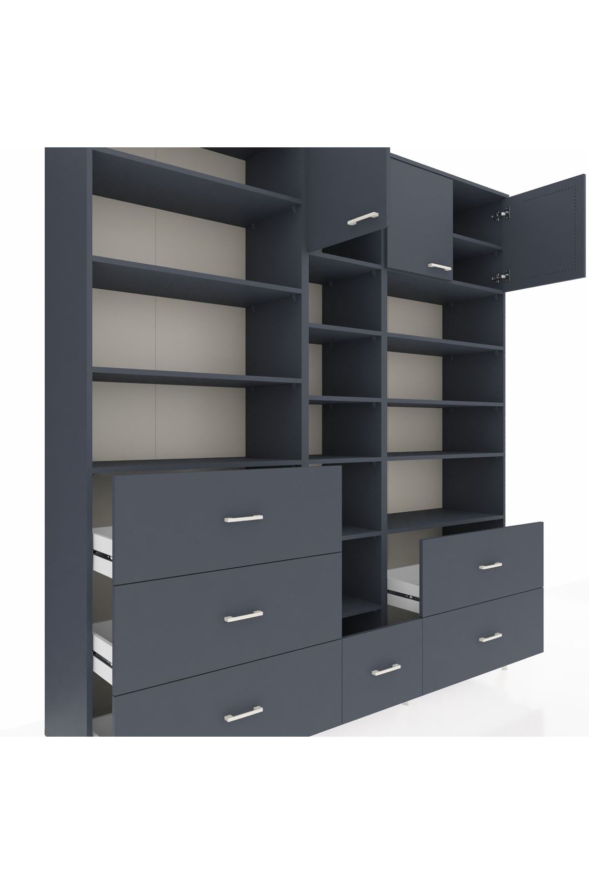 Hyperion Dolap 17 Raflı 6 Çekmeceli 3 Kapaklı 220x44x243 Antrasit-Antrasit/Antrasit