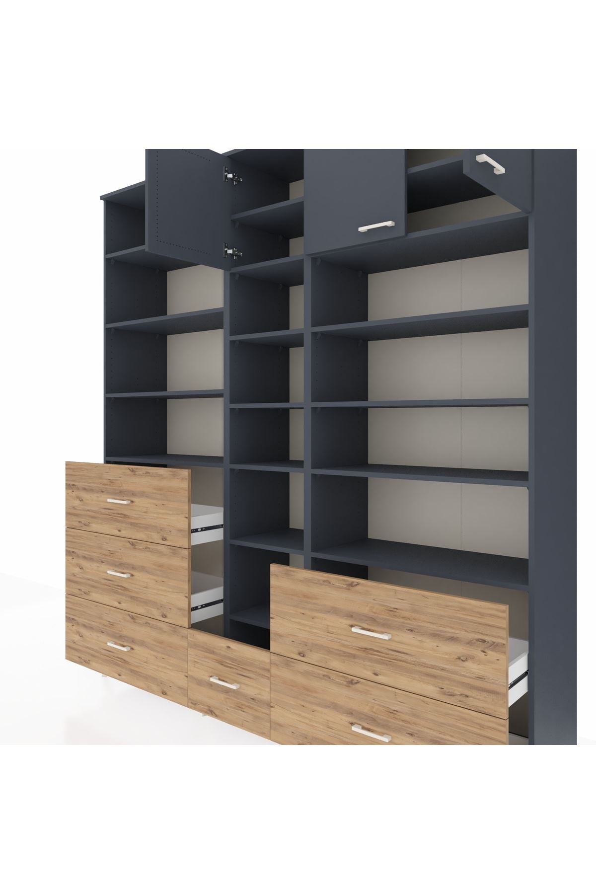 Hyperion Dolap 17 Raflı 6 Çekmeceli 3 Kapaklı 220x44x243 Antrasit-Antrasit/Çam