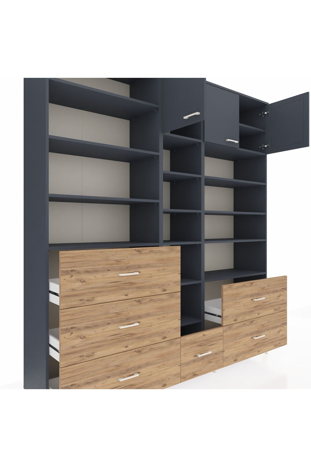 Hyperion Dolap 17 Raflı 6 Çekmeceli 3 Kapaklı 220x44x243 Antrasit-Antrasit/Çam