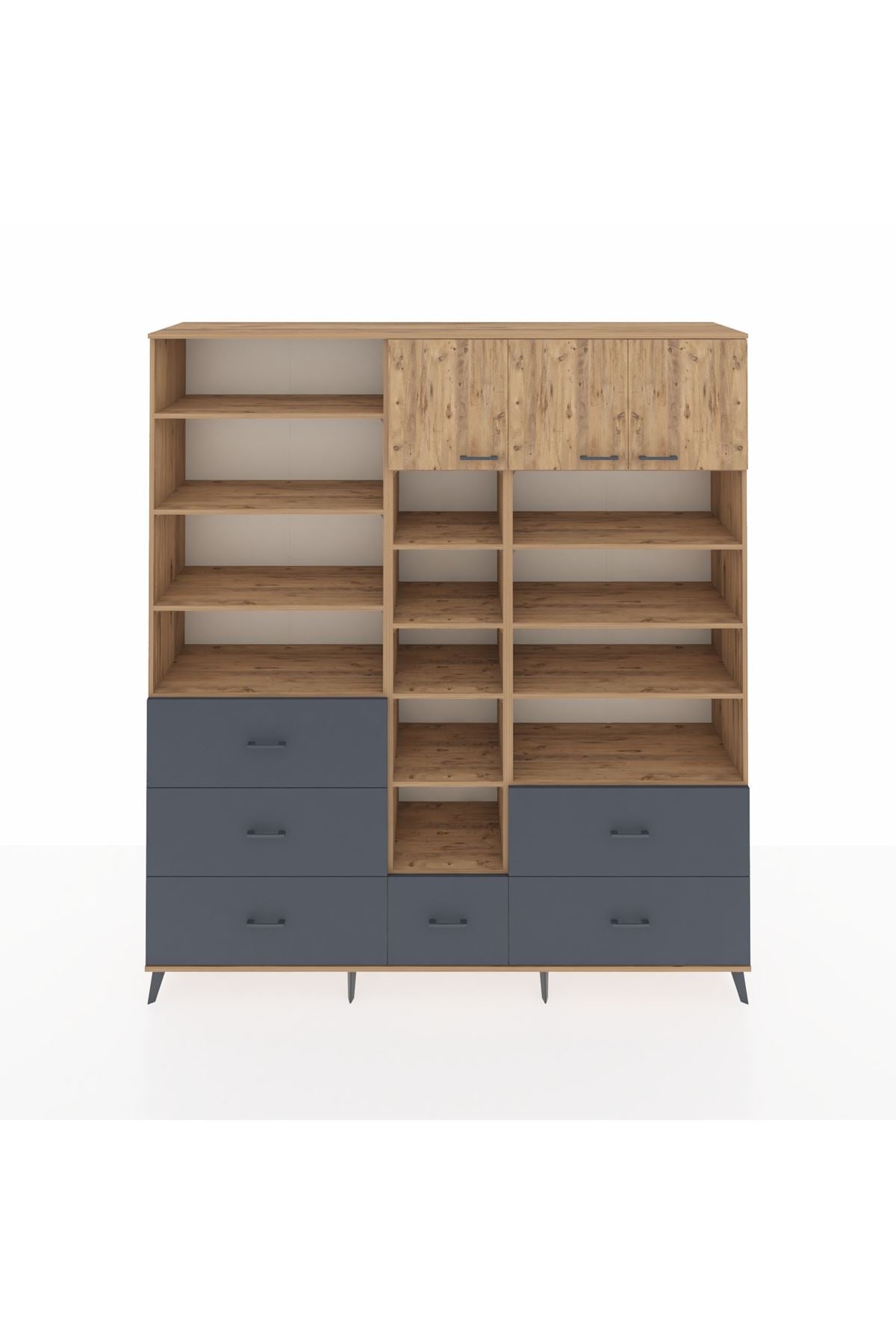 Hyperion Dolap 17 Raflı 6 Çekmeceli 3 Kapaklı 220x44x243 Çam-Çam/Antrasit