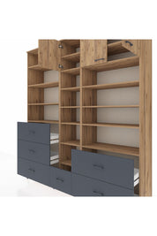 Hyperion Dolap 17 Raflı 6 Çekmeceli 3 Kapaklı 220x44x243 Çam-Çam/Antrasit