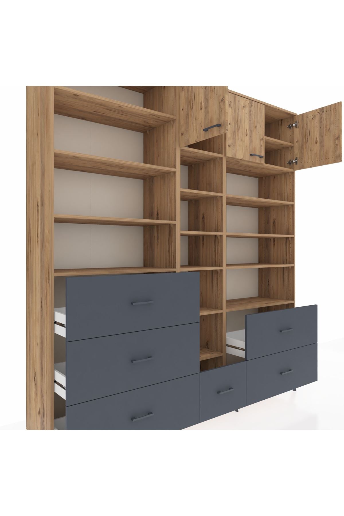 Hyperion Dolap 17 Raflı 6 Çekmeceli 3 Kapaklı 220x44x243 Çam-Çam/Antrasit