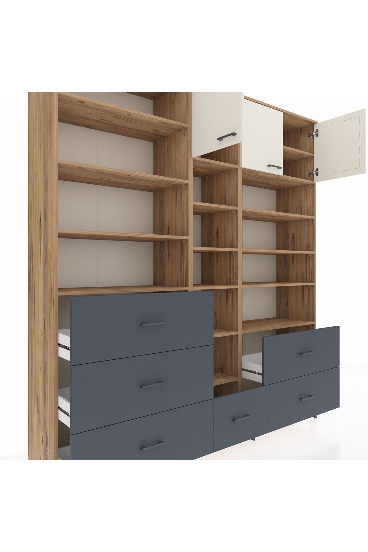 Hyperion Dolap 17 Raflı 6 Çekmeceli 3 Kapaklı 220x44x243 Çam-Aytaşı/Antrasit