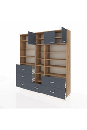 Hyperion Dolap 17 Raflı 6 Çekmeceli 3 Kapaklı 220x44x243 Çam-Antrasit/Antrasit