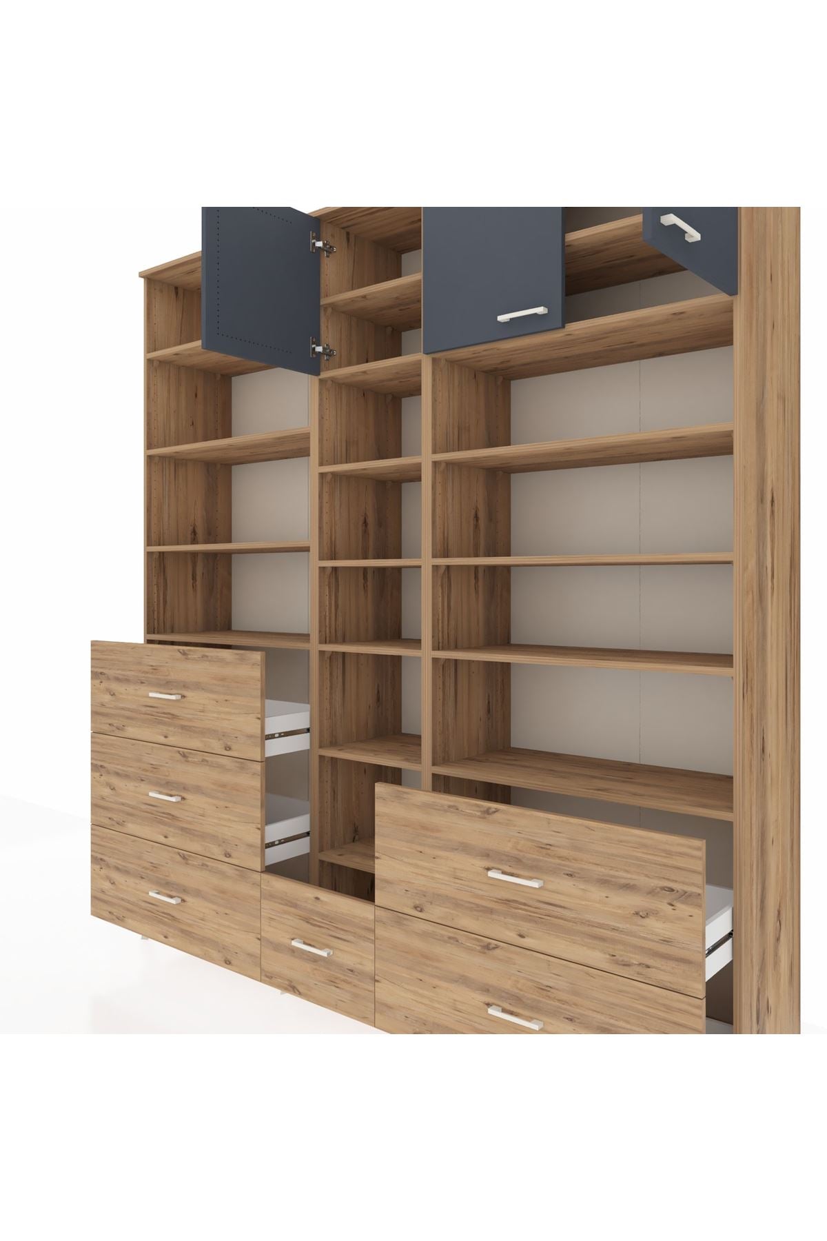 Hyperion Dolap 17 Raflı 6 Çekmeceli 3 Kapaklı 220x44x243 Çam-Antrasit/Çam