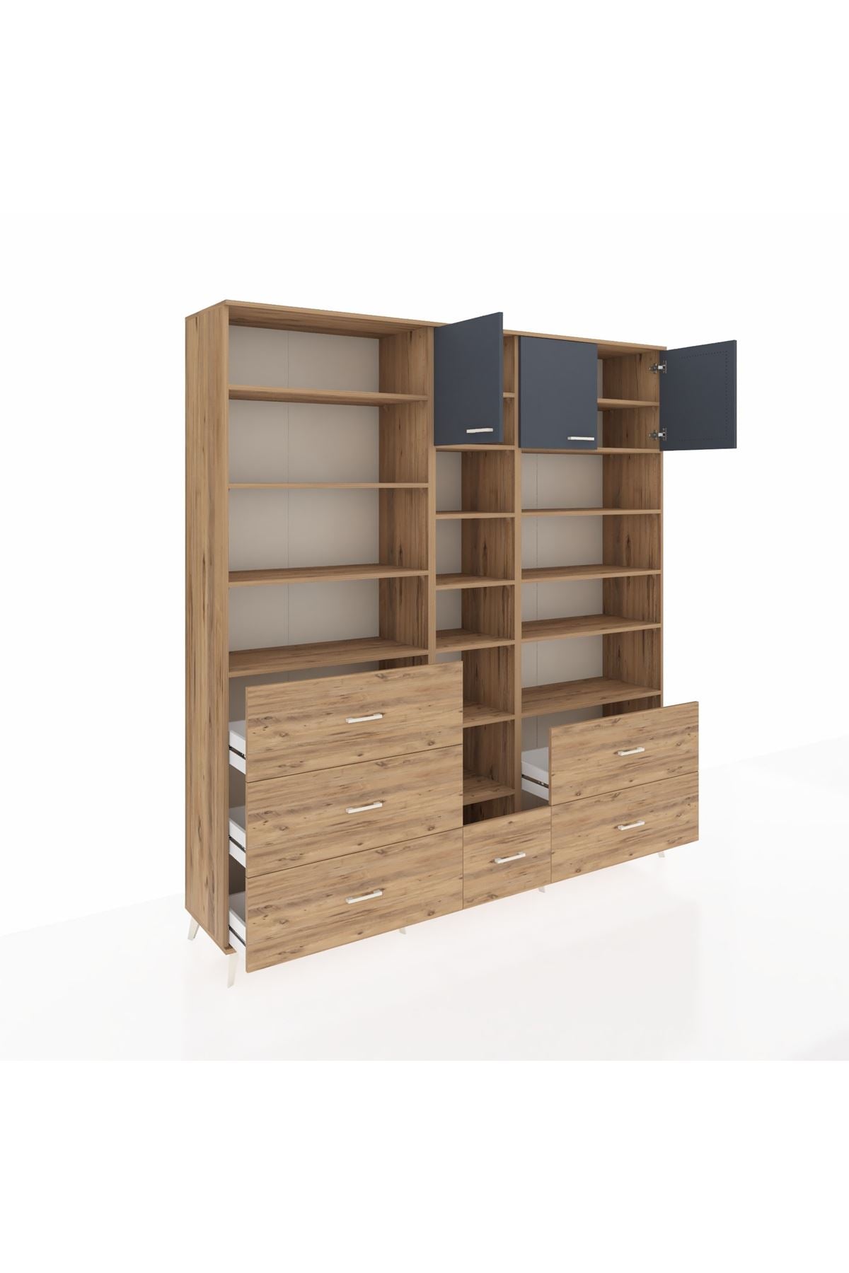 Hyperion Dolap 17 Raflı 6 Çekmeceli 3 Kapaklı 220x44x243 Çam-Antrasit/Çam