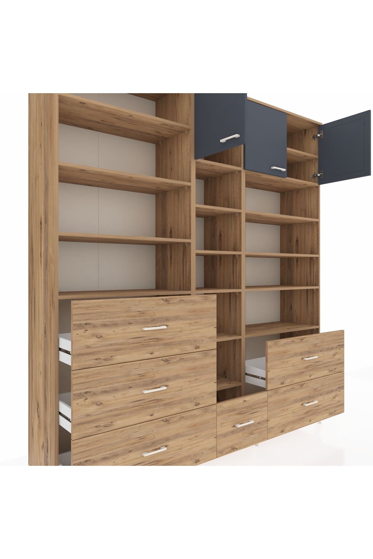 Hyperion Dolap 17 Raflı 6 Çekmeceli 3 Kapaklı 220x44x243 Çam-Antrasit/Çam