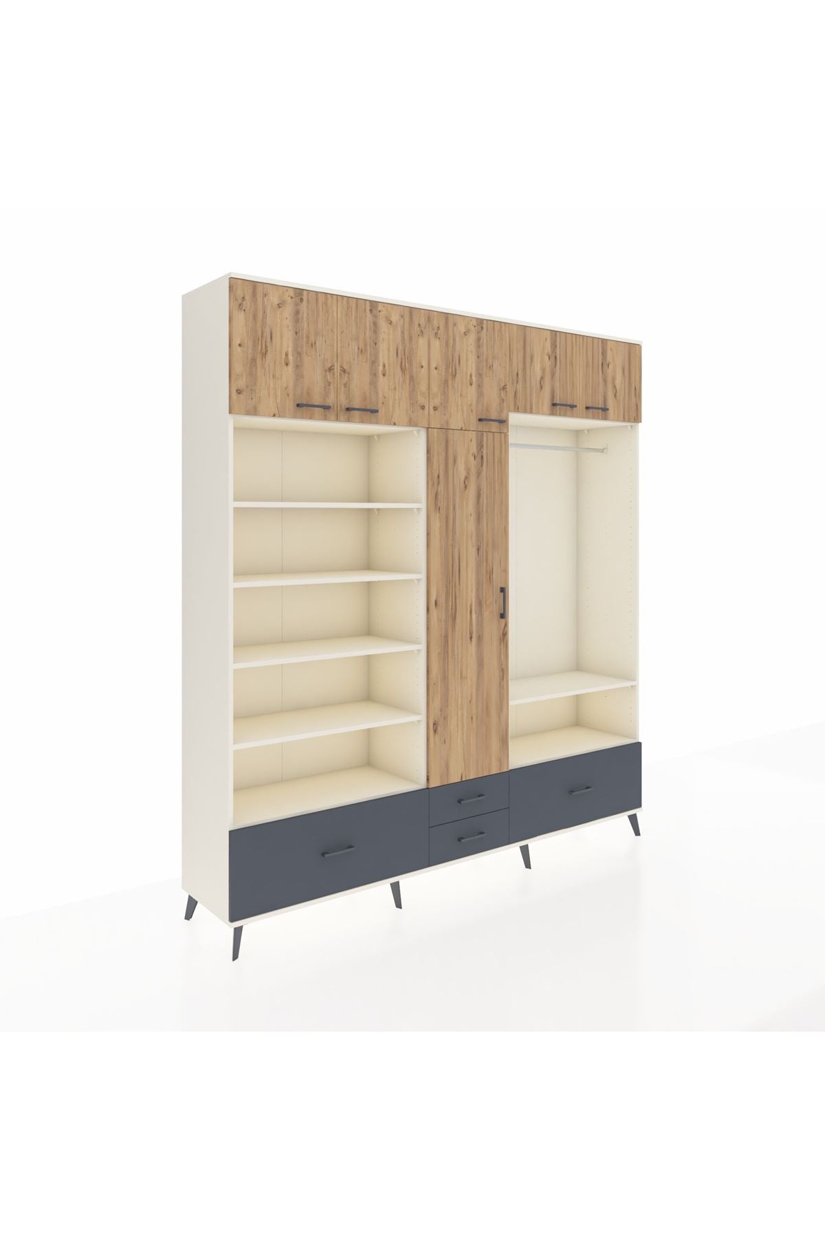 Hyperion Dolap 18 Raflı 4 Çekmeceli Tek Askılı 220x44x243 Aytaşı-Çam/Antrasit