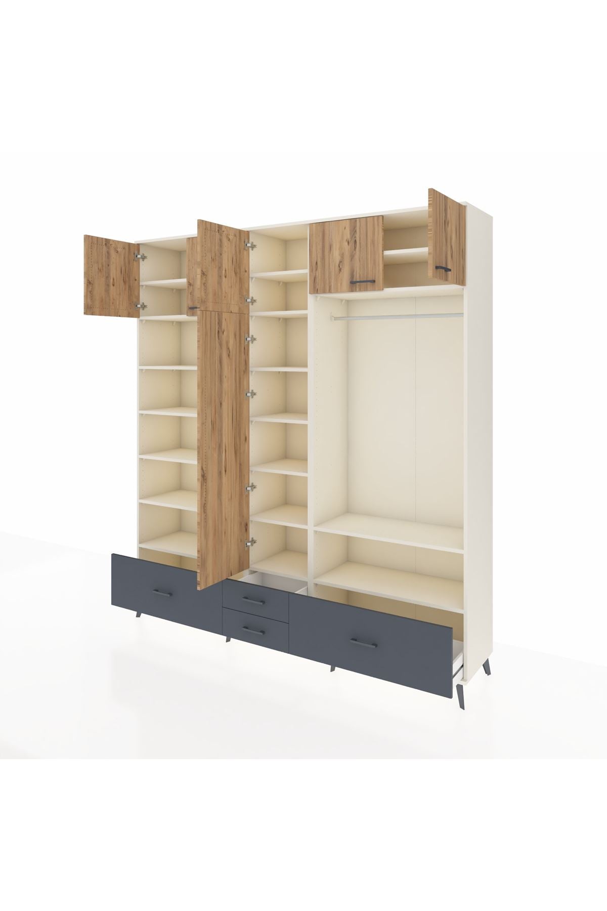 Hyperion Dolap 18 Raflı 4 Çekmeceli Tek Askılı 220x44x243 Aytaşı-Çam/Antrasit