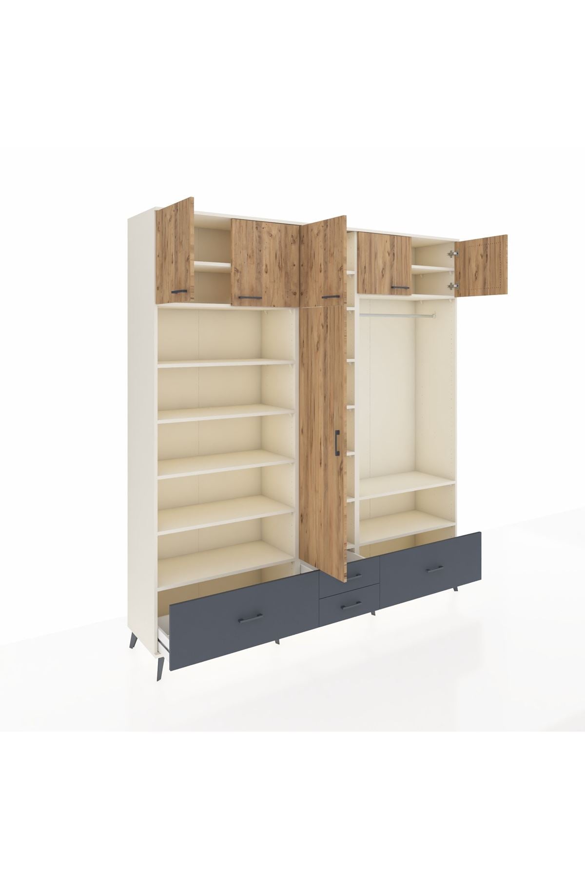 Hyperion Dolap 18 Raflı 4 Çekmeceli Tek Askılı 220x44x243 Aytaşı-Çam/Antrasit