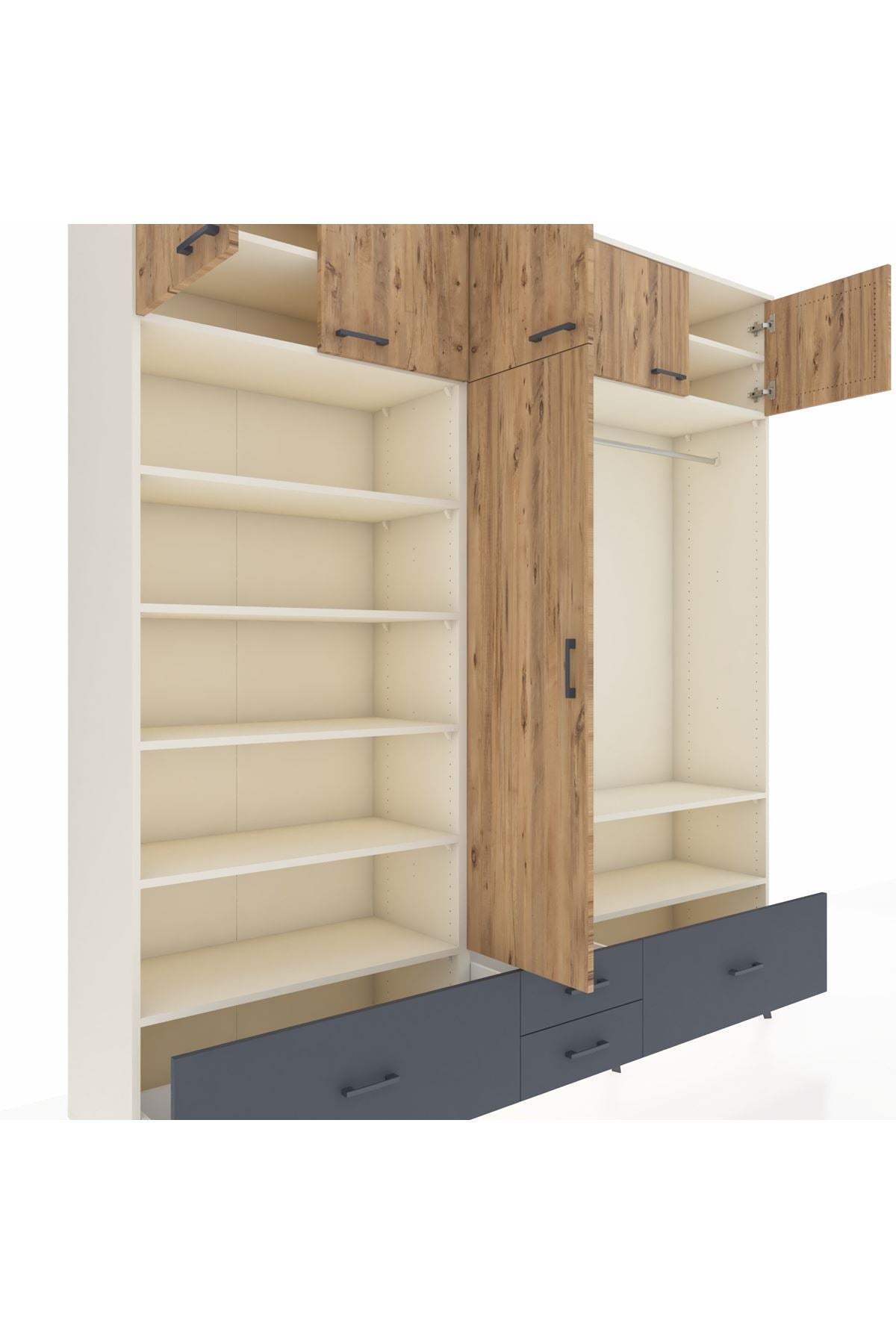 Hyperion Dolap 18 Raflı 4 Çekmeceli Tek Askılı 220x44x243 Aytaşı-Çam/Antrasit