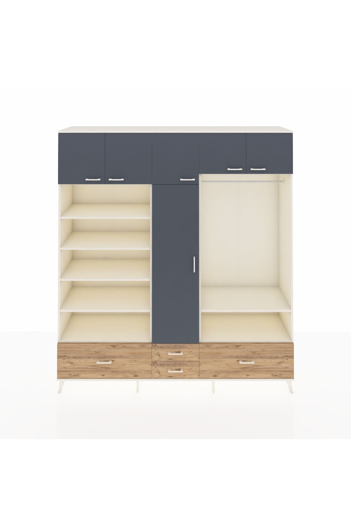 Hyperion Dolap 18 Raflı 4 Çekmeceli Tek Askılı 220x44x243 Aytaşı-Antrasit/Çam