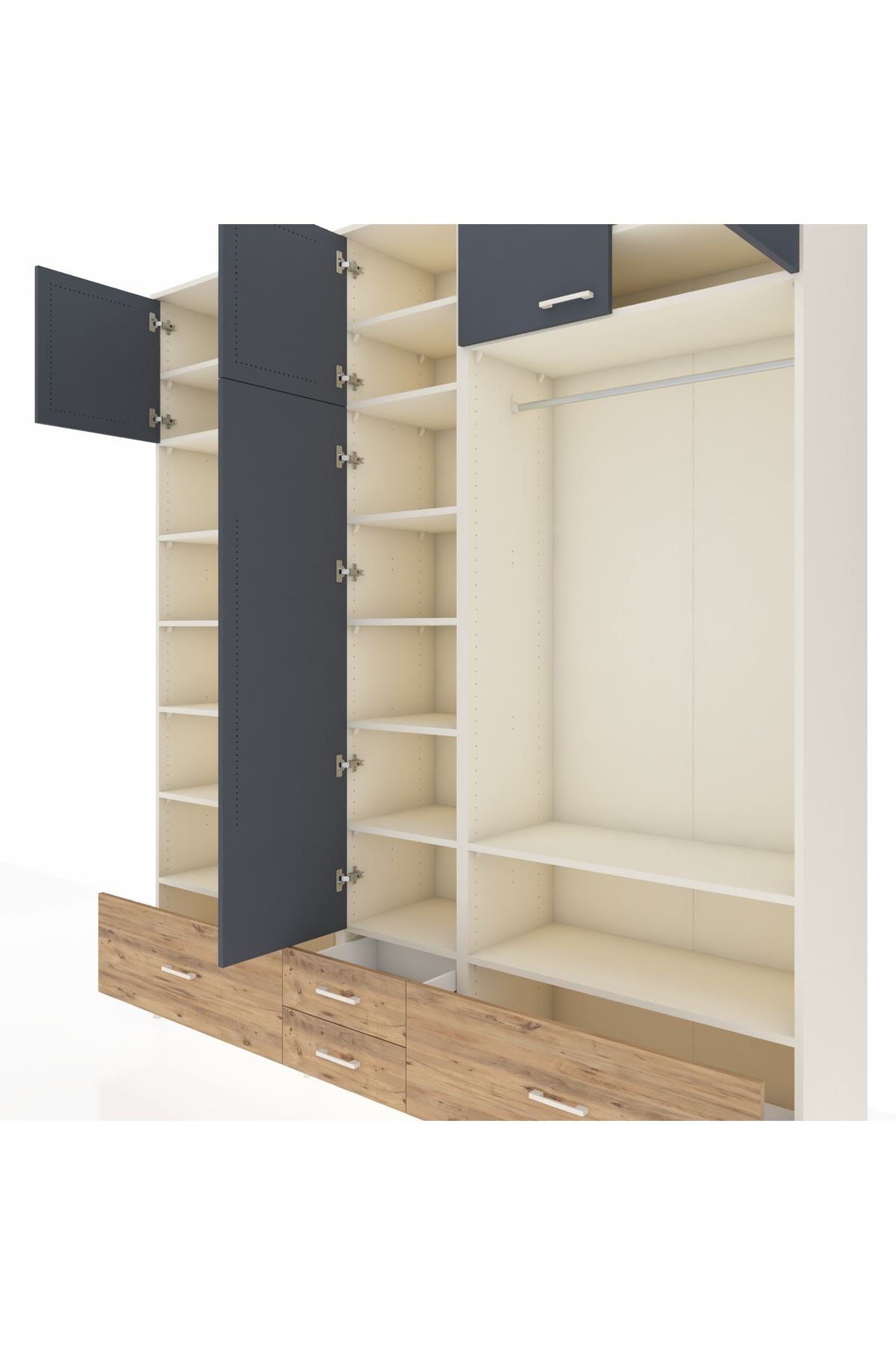 Hyperion Dolap 18 Raflı 4 Çekmeceli Tek Askılı 220x44x243 Aytaşı-Antrasit/Çam