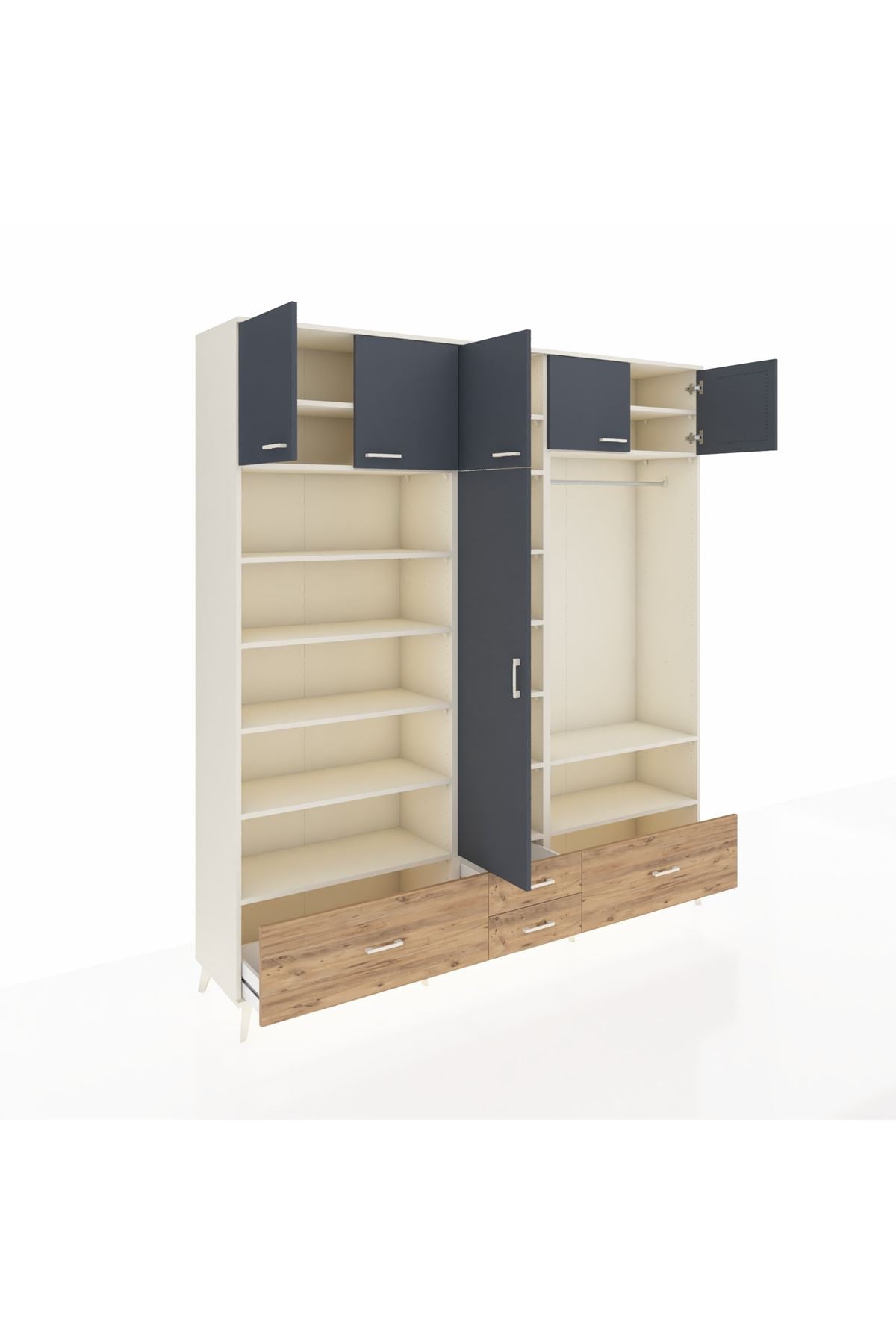 Hyperion Dolap 18 Raflı 4 Çekmeceli Tek Askılı 220x44x243 Aytaşı-Antrasit/Çam