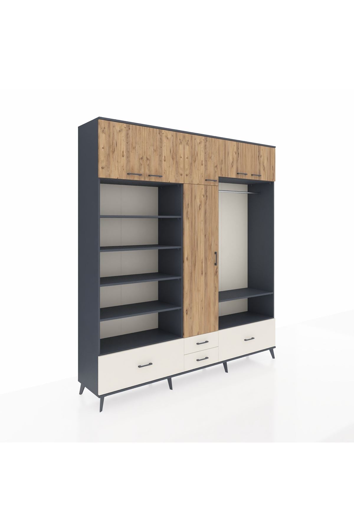 Hyperion Dolap 18 Raflı 4 Çekmeceli Tek Askılı 220x44x243 Antrasit-Çam/Aytaşı