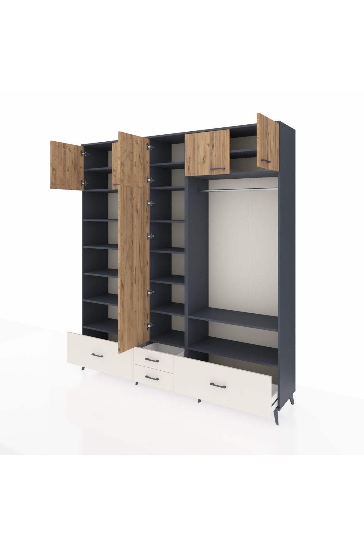 Hyperion Dolap 18 Raflı 4 Çekmeceli Tek Askılı 220x44x243 Antrasit-Çam/Aytaşı