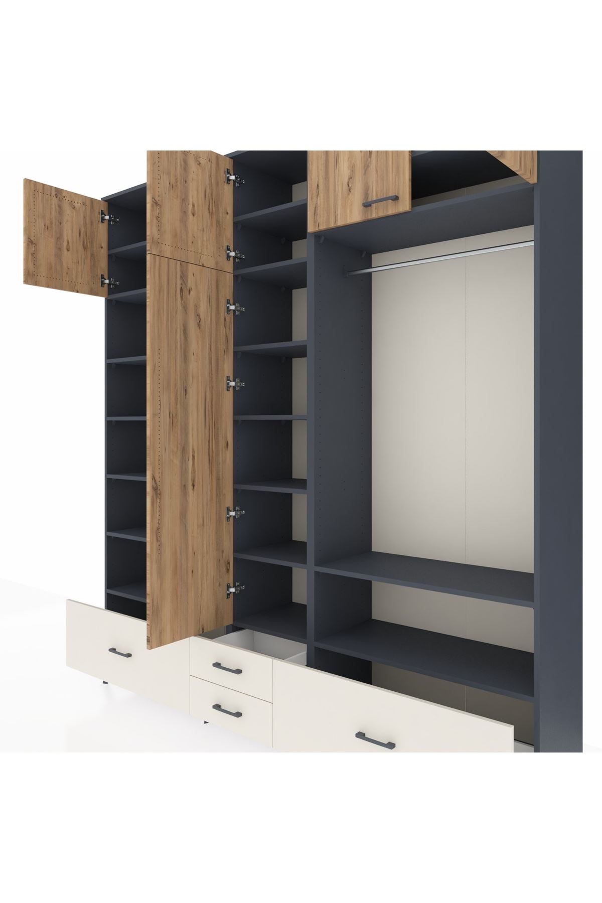 Hyperion Dolap 18 Raflı 4 Çekmeceli Tek Askılı 220x44x243 Antrasit-Çam/Aytaşı