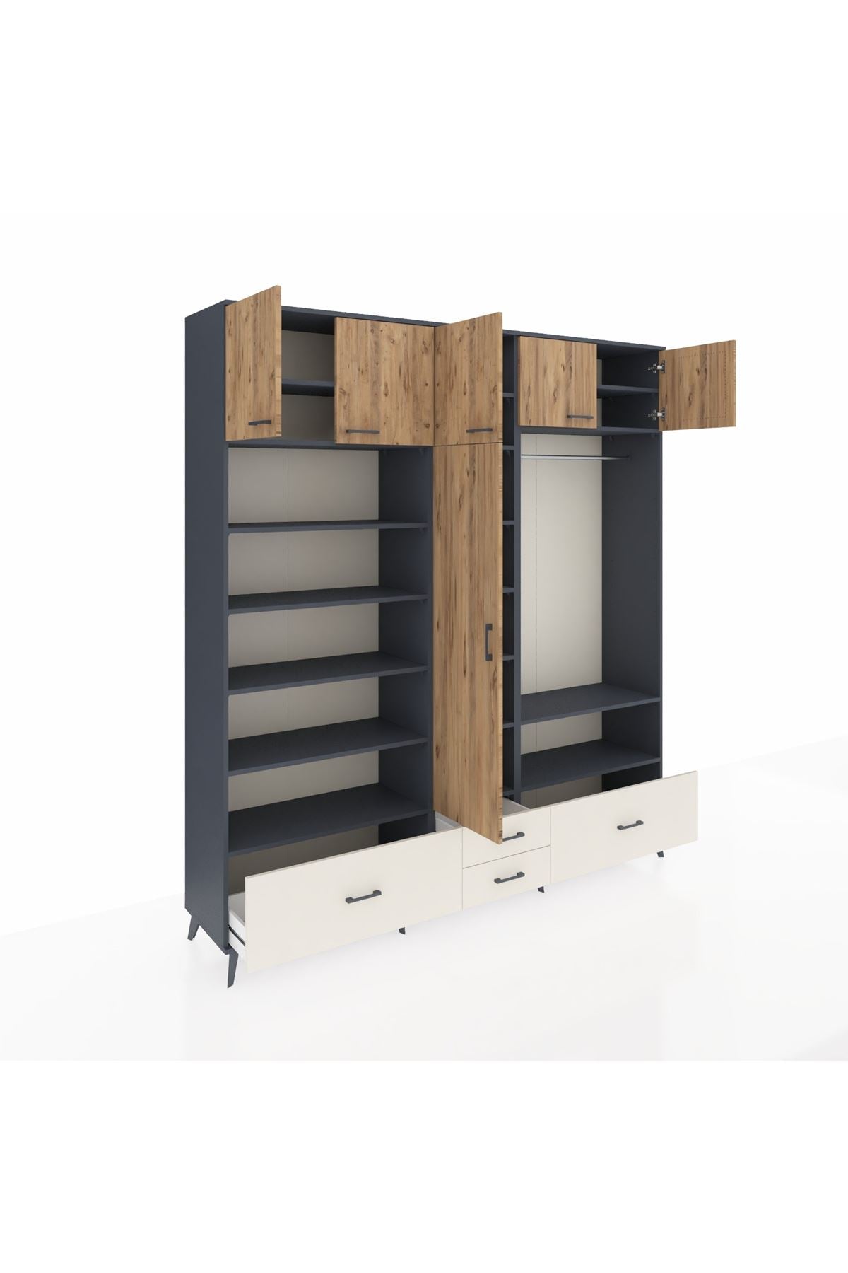 Hyperion Dolap 18 Raflı 4 Çekmeceli Tek Askılı 220x44x243 Antrasit-Çam/Aytaşı