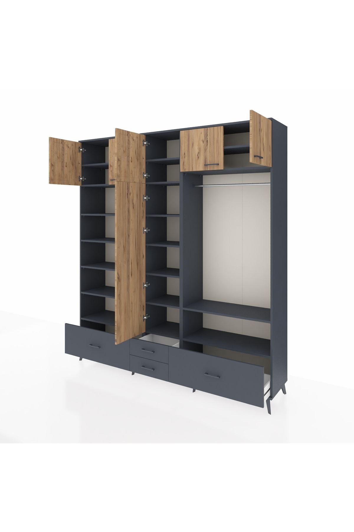 Hyperion Dolap 18 Raflı 4 Çekmeceli Tek Askılı 220x44x243 Antrasit-Çam/Antrasit
