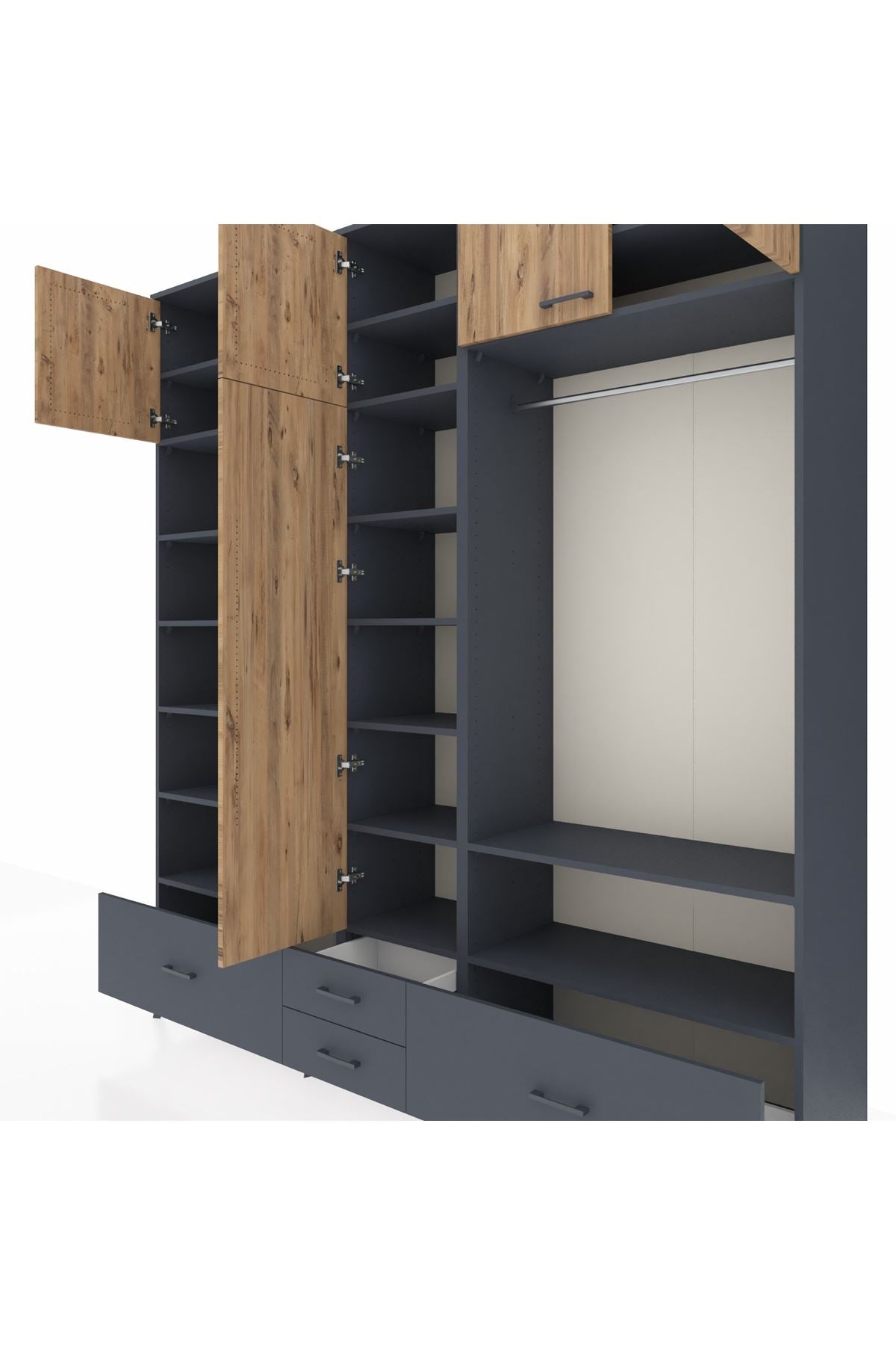 Hyperion Dolap 18 Raflı 4 Çekmeceli Tek Askılı 220x44x243 Antrasit-Çam/Antrasit