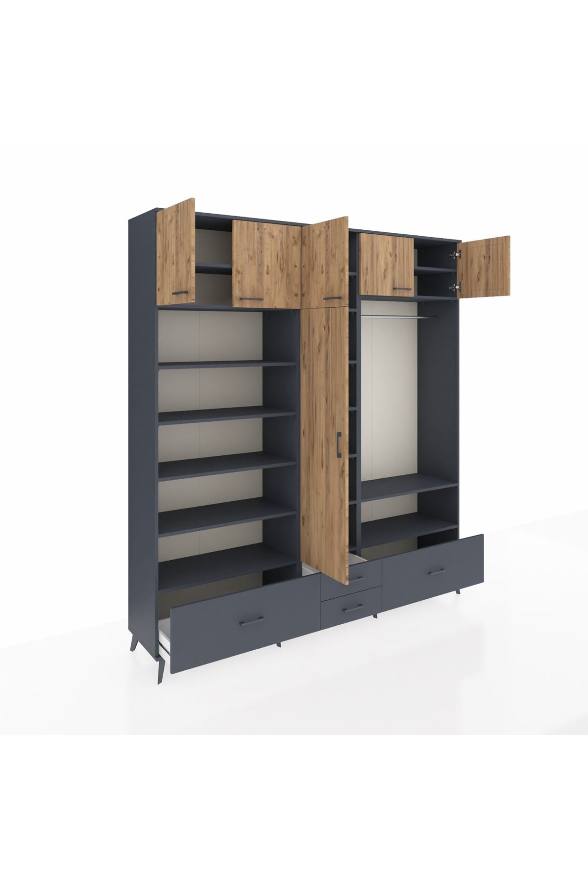 Hyperion Dolap 18 Raflı 4 Çekmeceli Tek Askılı 220x44x243 Antrasit-Çam/Antrasit