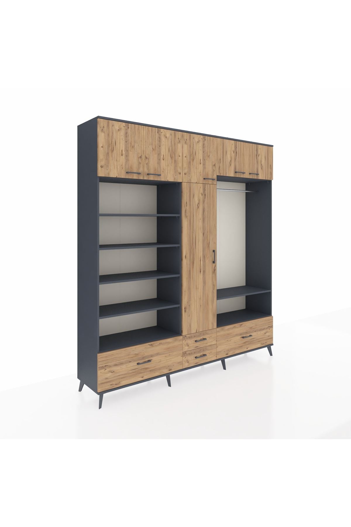 Hyperion Dolap 18 Raflı 4 Çekmeceli Tek Askılı 220x44x243 Antrasit-Çam/Çam