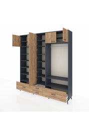 Hyperion Dolap 18 Raflı 4 Çekmeceli Tek Askılı 220x44x243 Antrasit-Çam/Çam