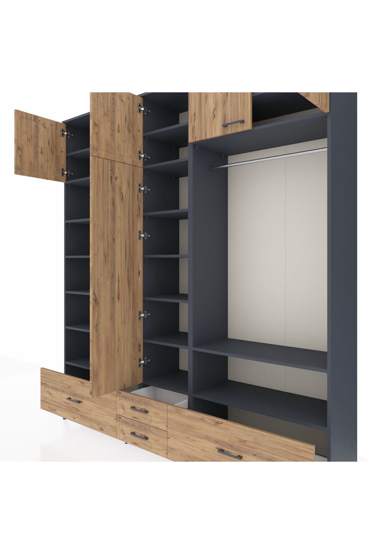 Hyperion Dolap 18 Raflı 4 Çekmeceli Tek Askılı 220x44x243 Antrasit-Çam/Çam