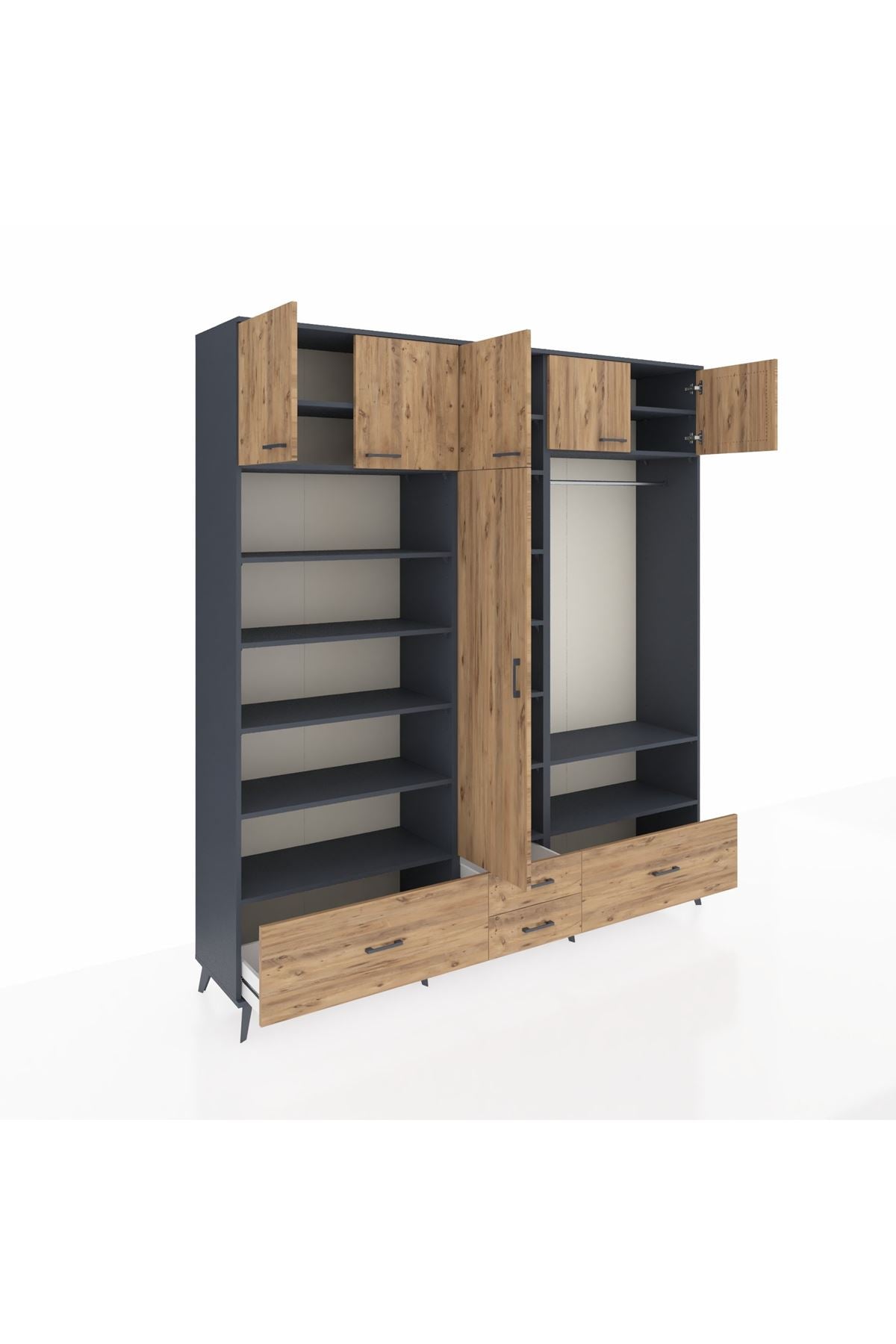 Hyperion Dolap 18 Raflı 4 Çekmeceli Tek Askılı 220x44x243 Antrasit-Çam/Çam