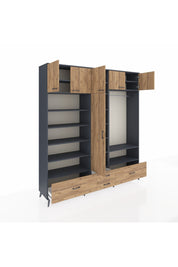 Hyperion Dolap 18 Raflı 4 Çekmeceli Tek Askılı 220x44x243 Antrasit-Çam/Çam