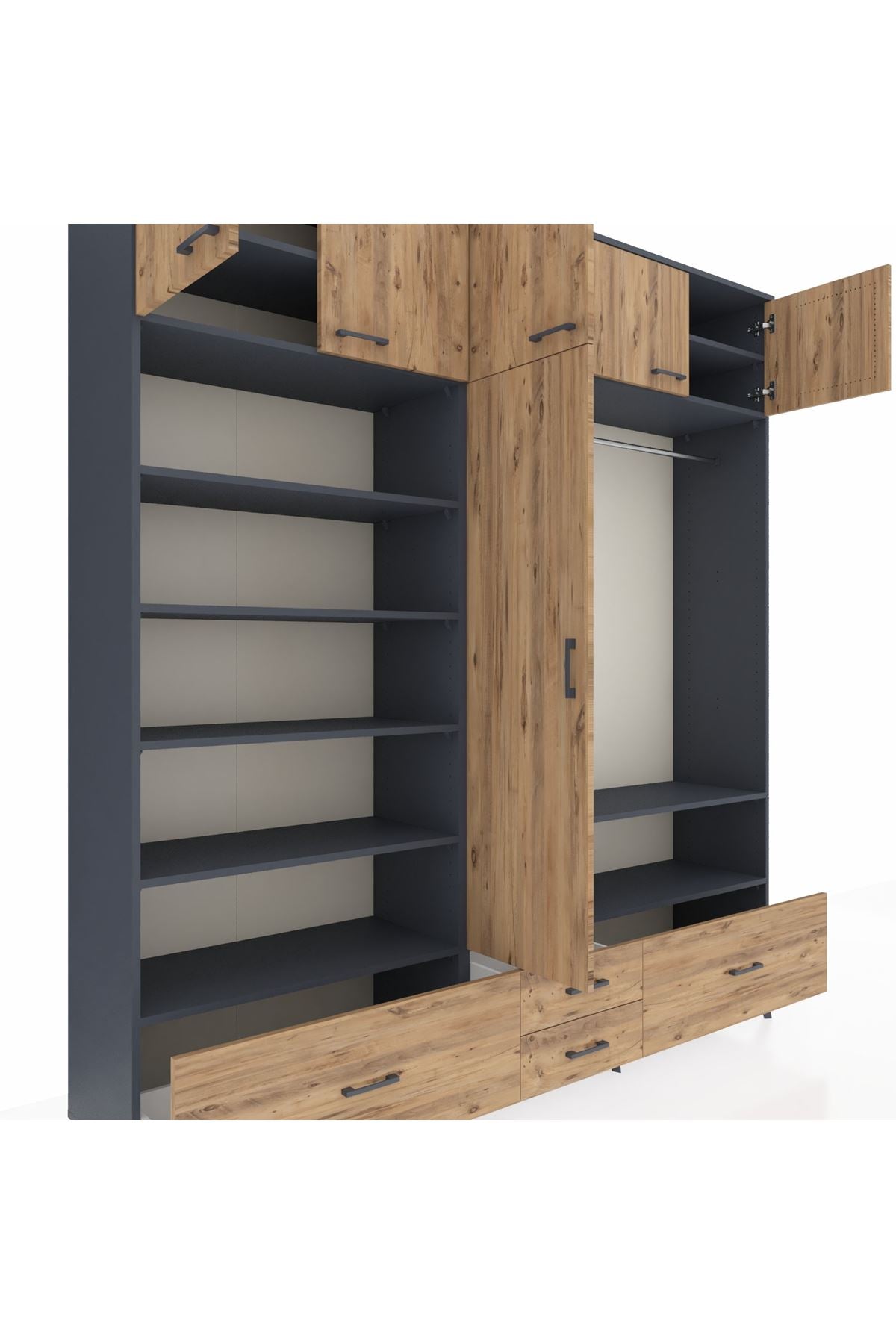 Hyperion Dolap 18 Raflı 4 Çekmeceli Tek Askılı 220x44x243 Antrasit-Çam/Çam