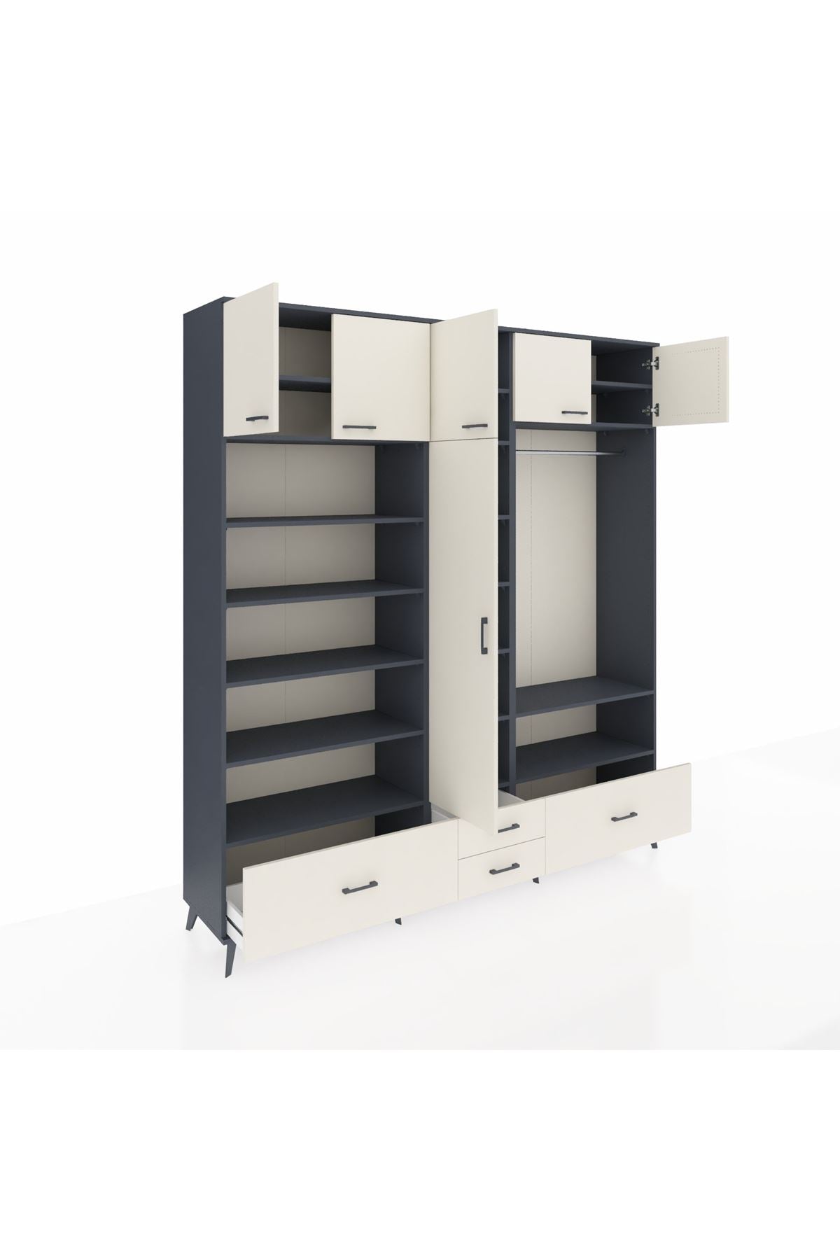 Hyperion Dolap 18 Raflı 4 Çekmeceli Tek Askılı 220x44x243 Antrasit-Aytaşı/Aytaşı