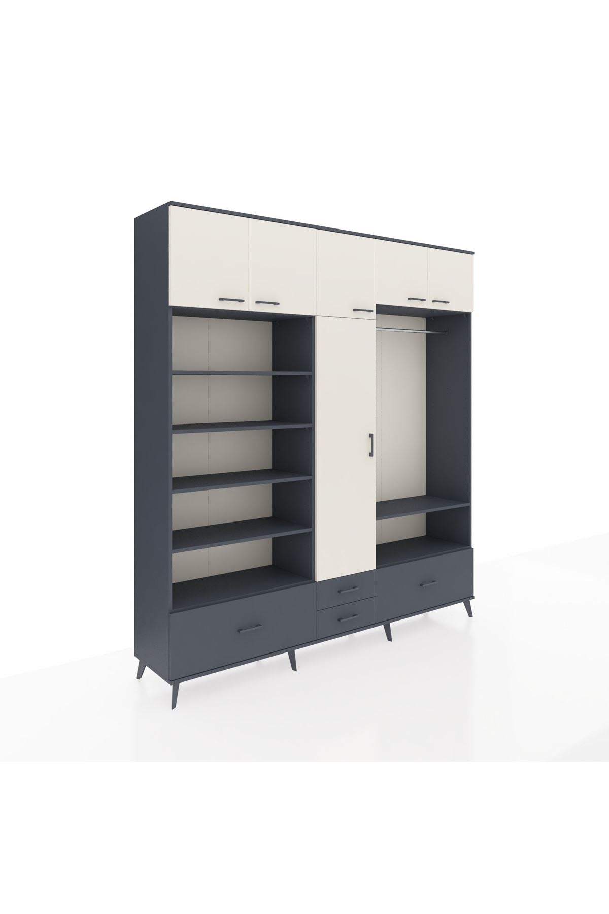 Hyperion Dolap 18 Raflı 4 Çekmeceli Tek Askılı 220x44x243 Antrasit-Aytaşı/Antrasit