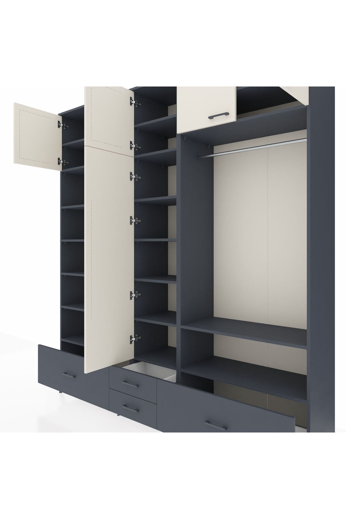 Hyperion Dolap 18 Raflı 4 Çekmeceli Tek Askılı 220x44x243 Antrasit-Aytaşı/Antrasit