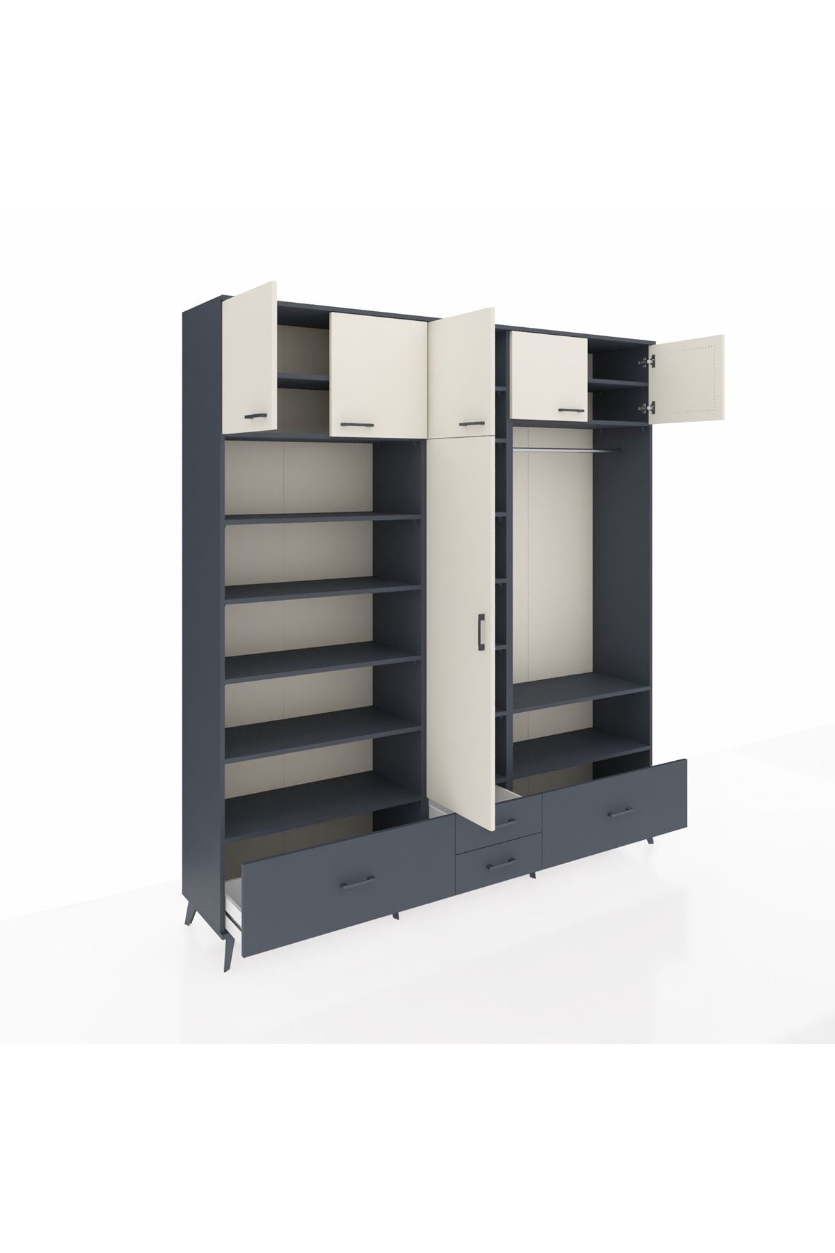Hyperion Dolap 18 Raflı 4 Çekmeceli Tek Askılı 220x44x243 Antrasit-Aytaşı/Antrasit