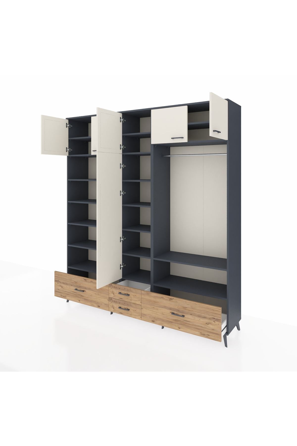 Hyperion Dolap 18 Raflı 4 Çekmeceli Tek Askılı 220x44x243 Antrasit-Aytaşı/Çam