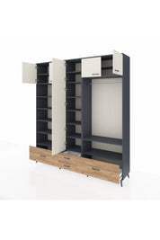 Hyperion Dolap 18 Raflı 4 Çekmeceli Tek Askılı 220x44x243 Antrasit-Aytaşı/Çam