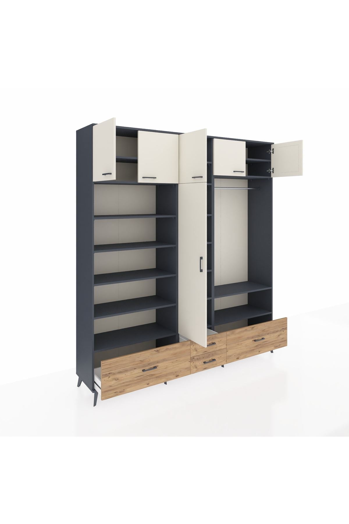 Hyperion Dolap 18 Raflı 4 Çekmeceli Tek Askılı 220x44x243 Antrasit-Aytaşı/Çam