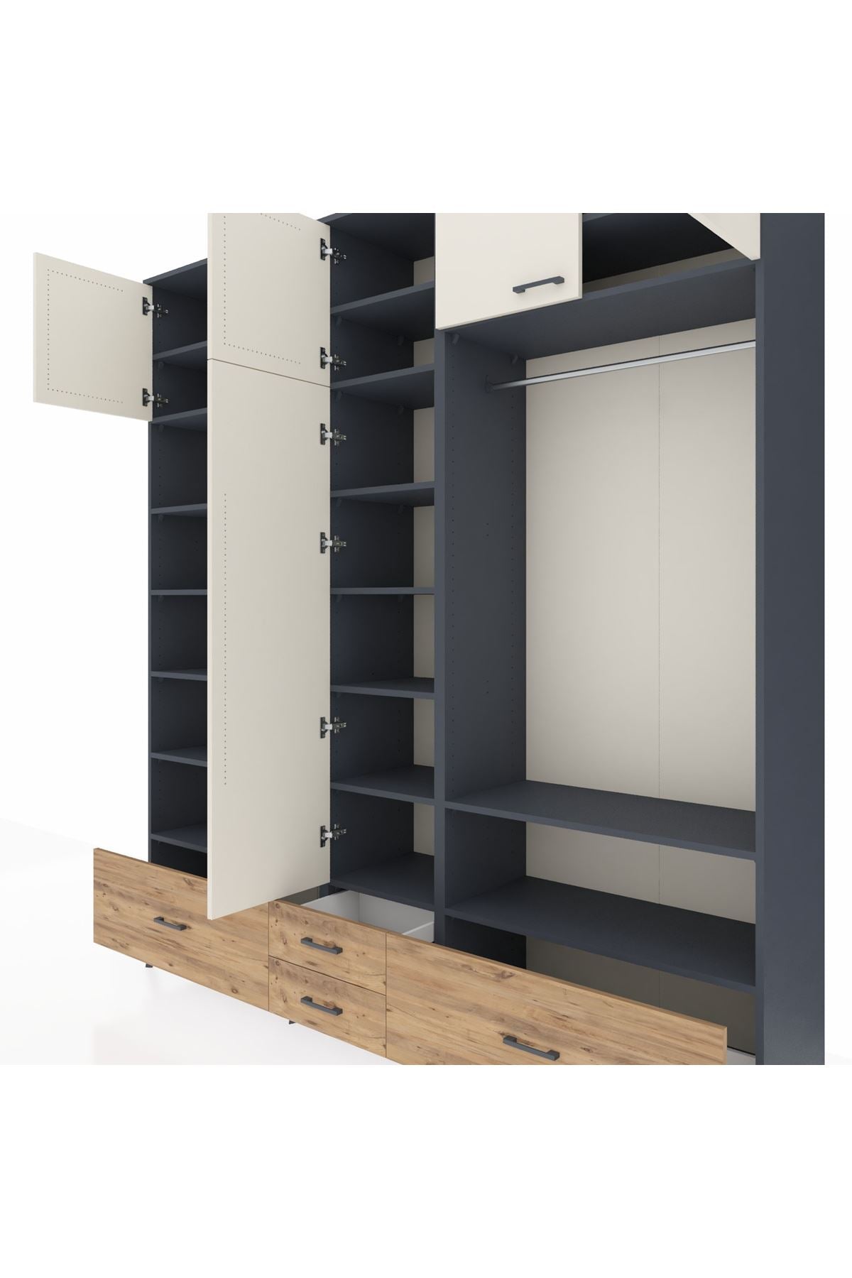 Hyperion Dolap 18 Raflı 4 Çekmeceli Tek Askılı 220x44x243 Antrasit-Aytaşı/Çam