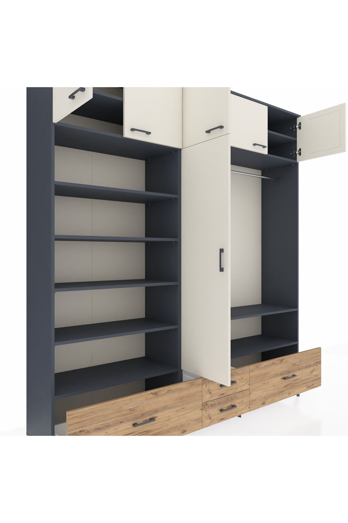 Hyperion Dolap 18 Raflı 4 Çekmeceli Tek Askılı 220x44x243 Antrasit-Aytaşı/Çam
