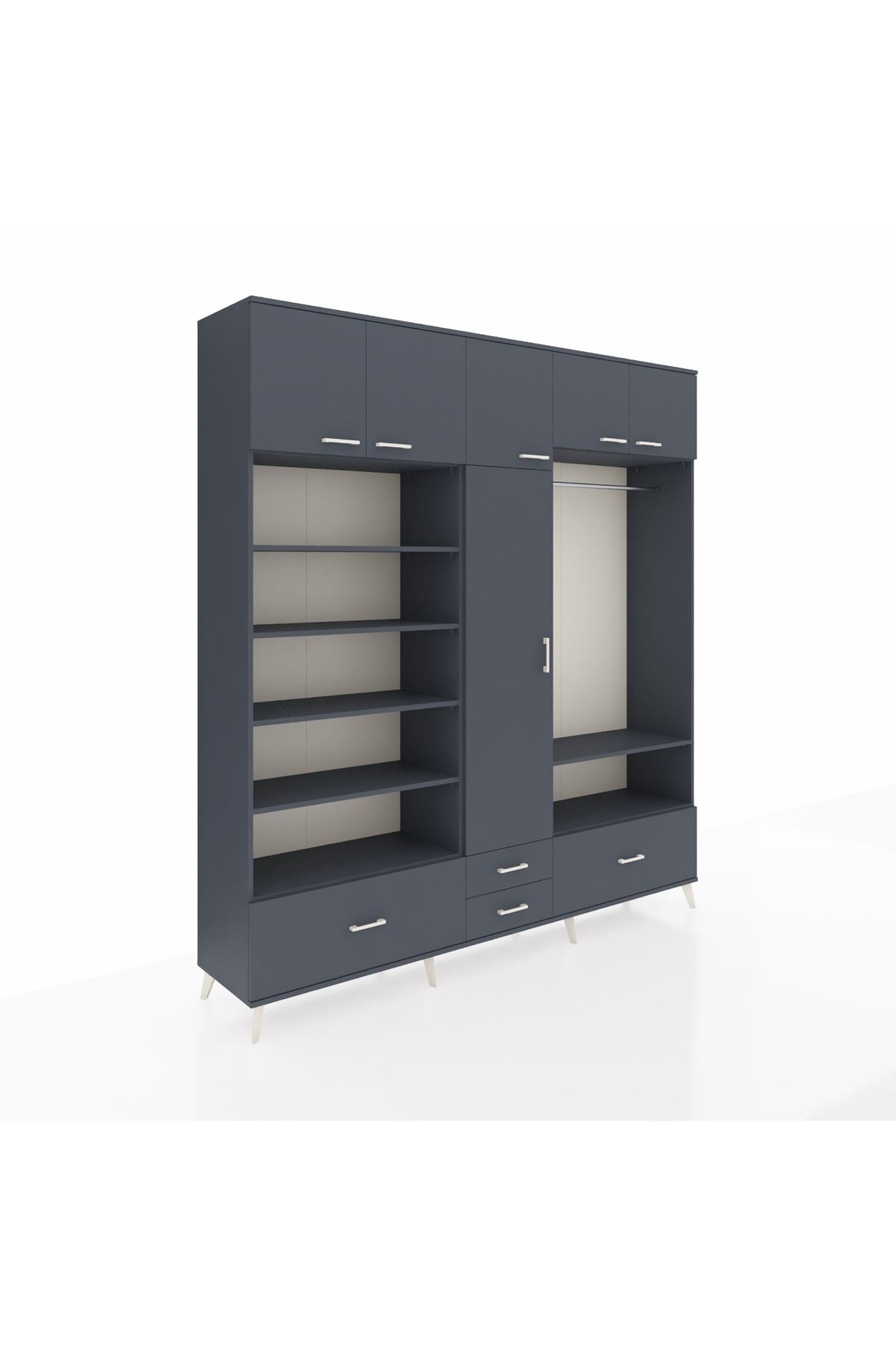 Hyperion Dolap 18 Raflı 4 Çekmeceli Tek Askılı 220x44x243 Antrasit-Antrasit/Antrasit