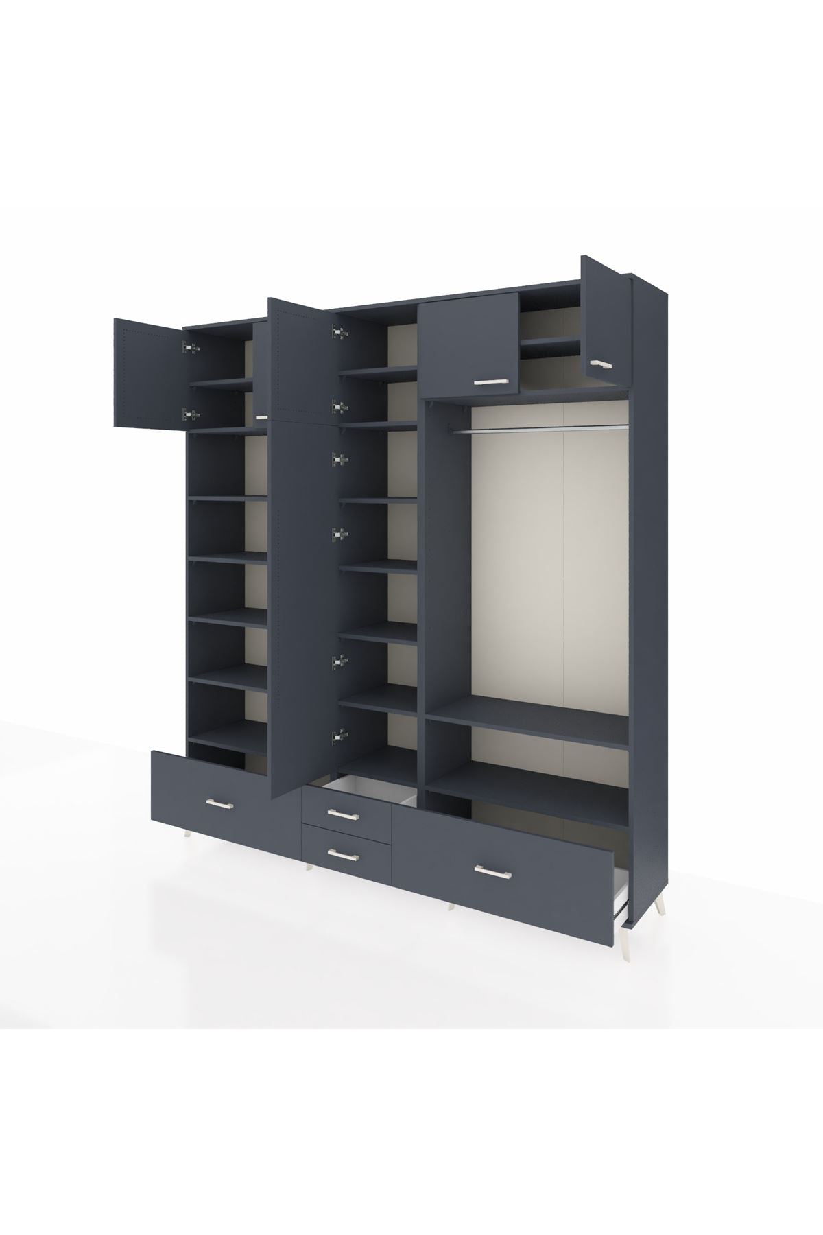 Hyperion Dolap 18 Raflı 4 Çekmeceli Tek Askılı 220x44x243 Antrasit-Antrasit/Antrasit
