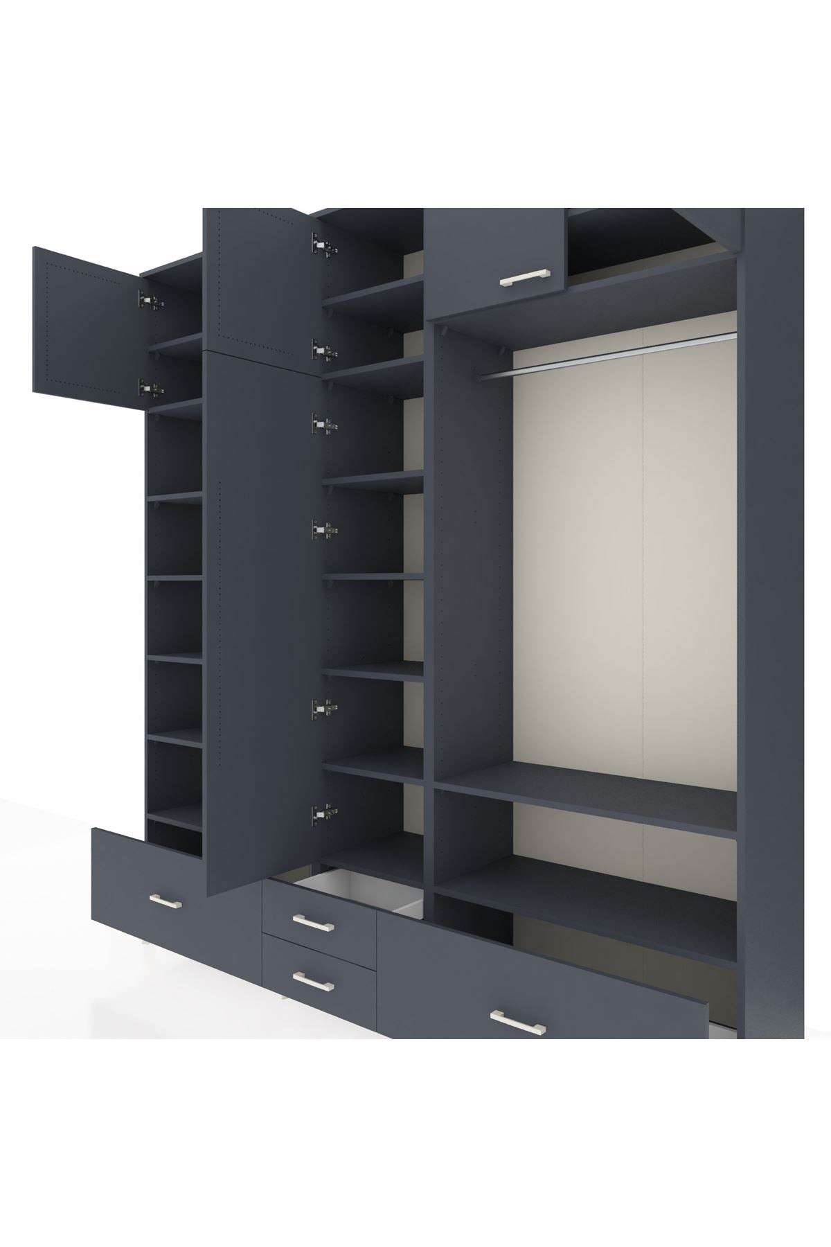 Hyperion Dolap 18 Raflı 4 Çekmeceli Tek Askılı 220x44x243 Antrasit-Antrasit/Antrasit