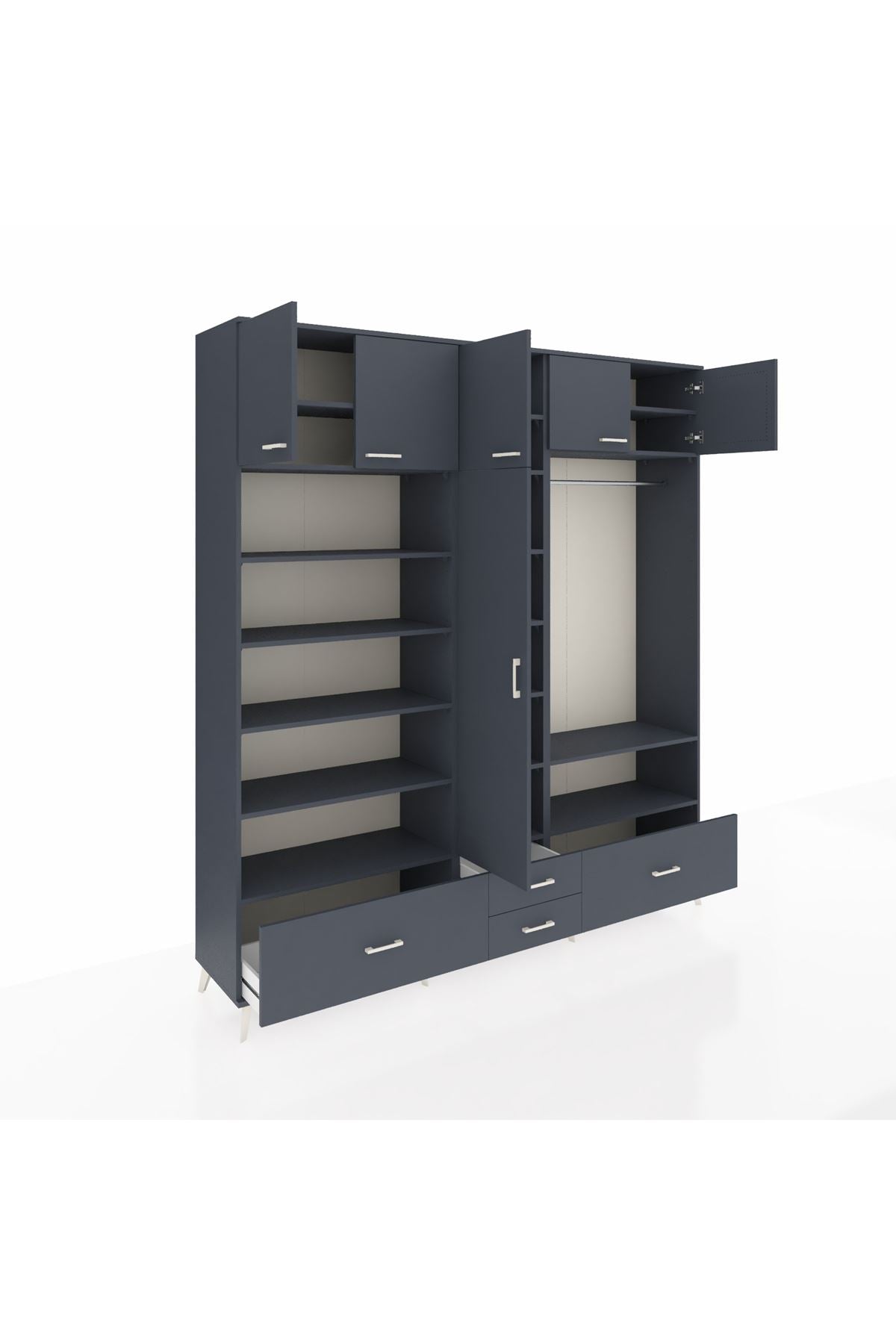 Hyperion Dolap 18 Raflı 4 Çekmeceli Tek Askılı 220x44x243 Antrasit-Antrasit/Antrasit