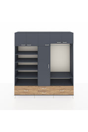 Hyperion Dolap 18 Raflı 4 Çekmeceli Tek Askılı 220x44x243 Antrasit-Antrasit/Çam