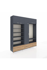 Hyperion Dolap 18 Raflı 4 Çekmeceli Tek Askılı 220x44x243 Antrasit-Antrasit/Çam