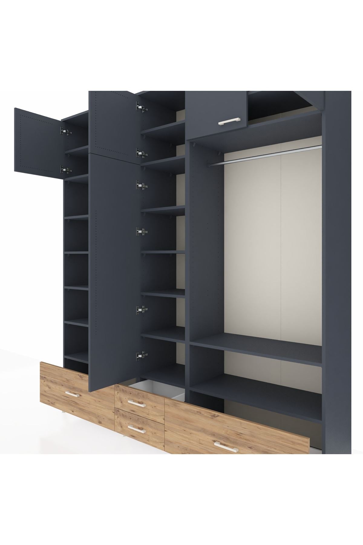 Hyperion Dolap 18 Raflı 4 Çekmeceli Tek Askılı 220x44x243 Antrasit-Antrasit/Çam