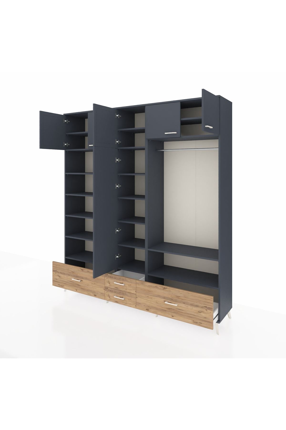 Hyperion Dolap 18 Raflı 4 Çekmeceli Tek Askılı 220x44x243 Antrasit-Antrasit/Çam