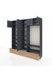 Hyperion Dolap 18 Raflı 4 Çekmeceli Tek Askılı 220x44x243 Antrasit-Antrasit/Çam